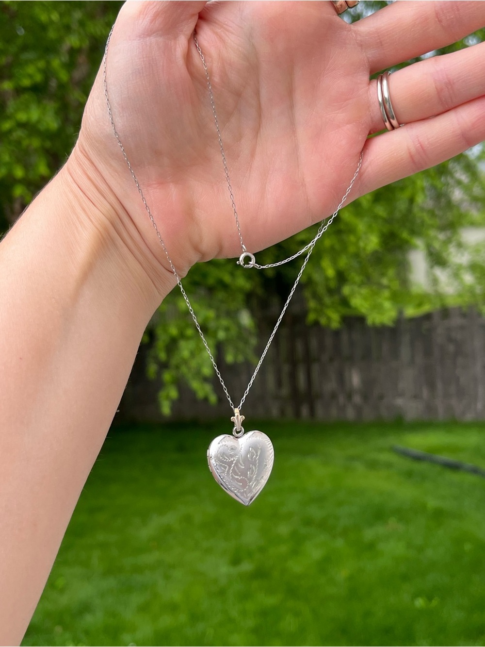 Vintage Sterling Etched Heart Locket & Chain- 17”